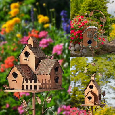 Handmade Metal Birdhouse Garden Stakes