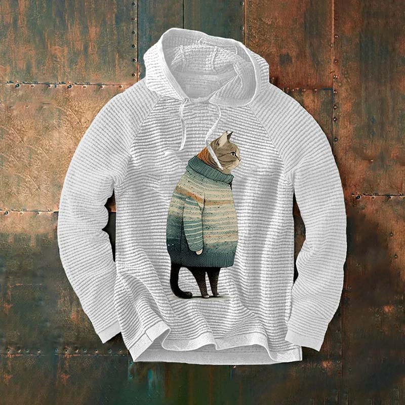 Men's Winter Cat Print Waffle Hooded Sweatshirt