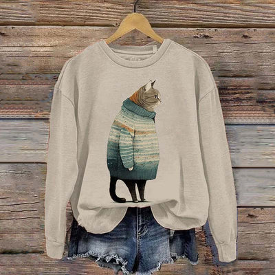 Women's Winter Cat Print Crew Neck Sweatshirt