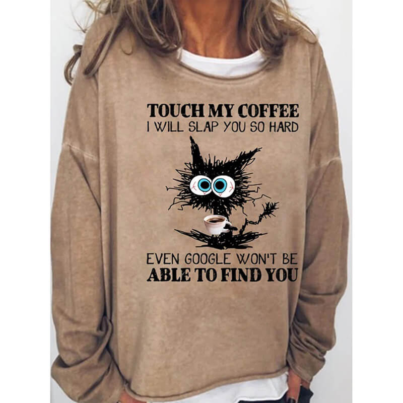 Womens Funny Coffee Letter Black Cat Casual Sweatshirts