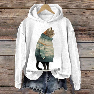 Women's Winter Cat Print Casual Hooded Sweatshirt