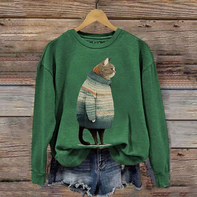 Women's Winter Cat Print Crew Neck Sweatshirt