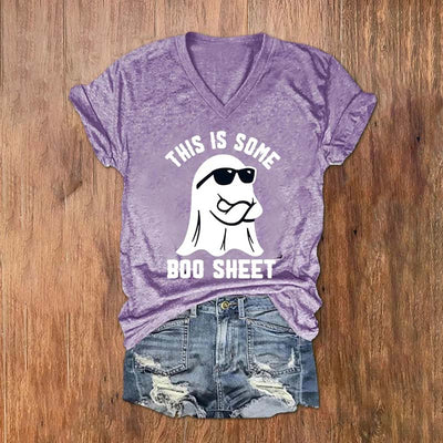 Women's Halloween This Is Some Boo Sheet Print V-Neck T-Shirt