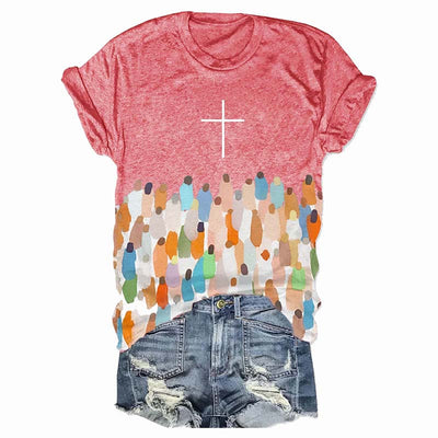 Women's Faith Respect Jesus Cross Print Crew Neck T-Shirt