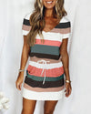 Striped V Neck Pockets Drawstring Dress